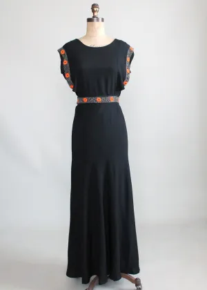Vintage 1930s Black Crepe Tangerine Beaded Evening Dress