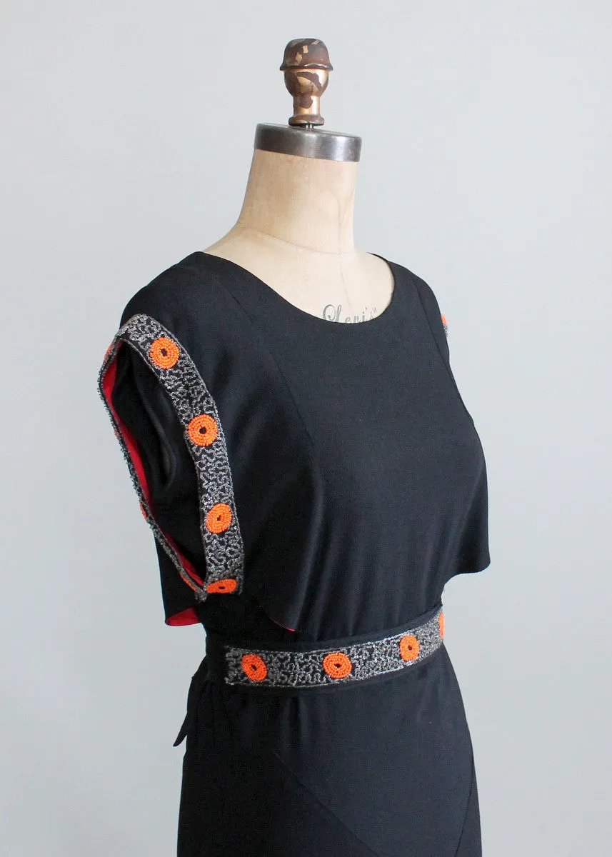 Vintage 1930s Black Crepe Tangerine Beaded Evening Dress