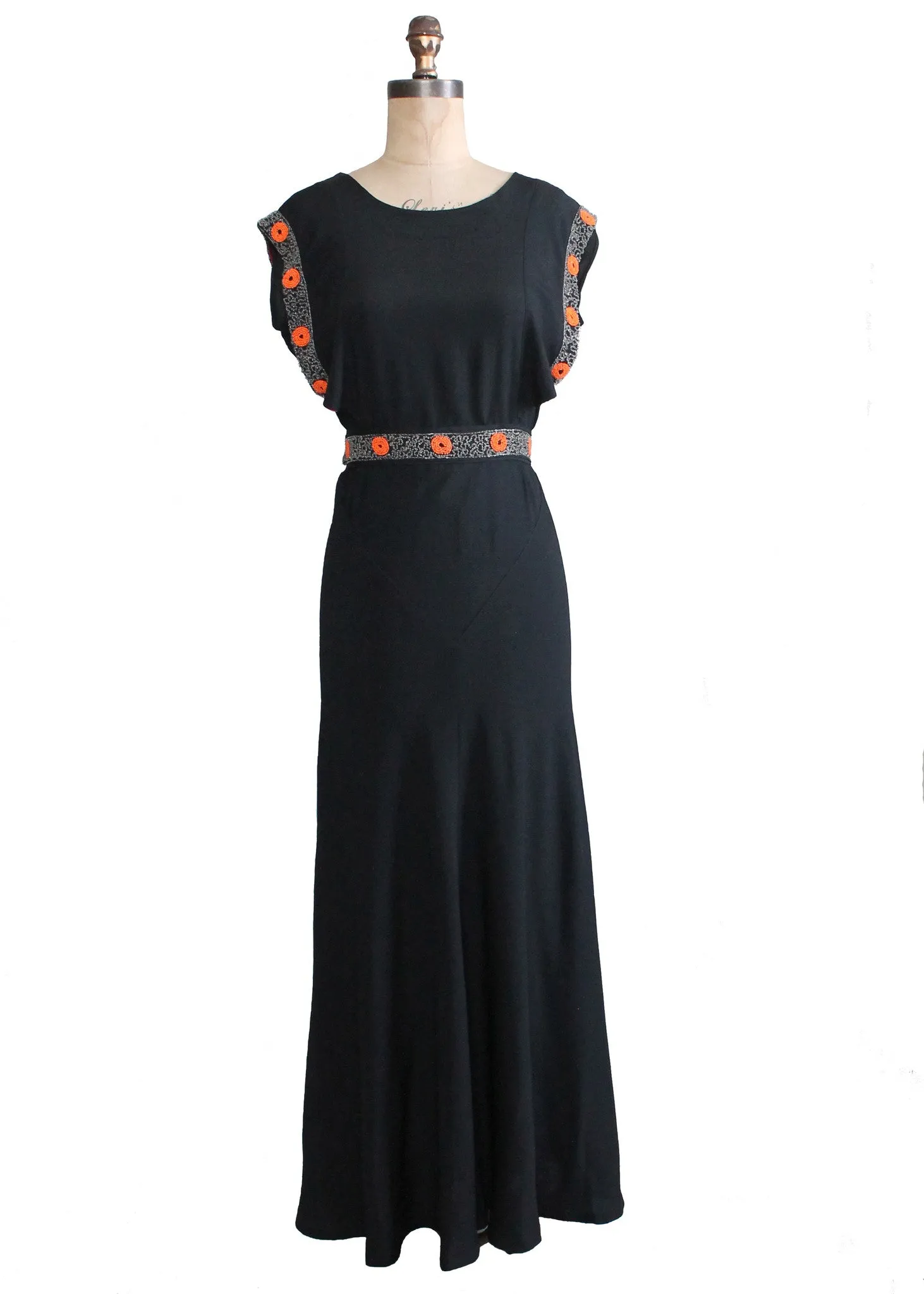 Vintage 1930s Black Crepe Tangerine Beaded Evening Dress