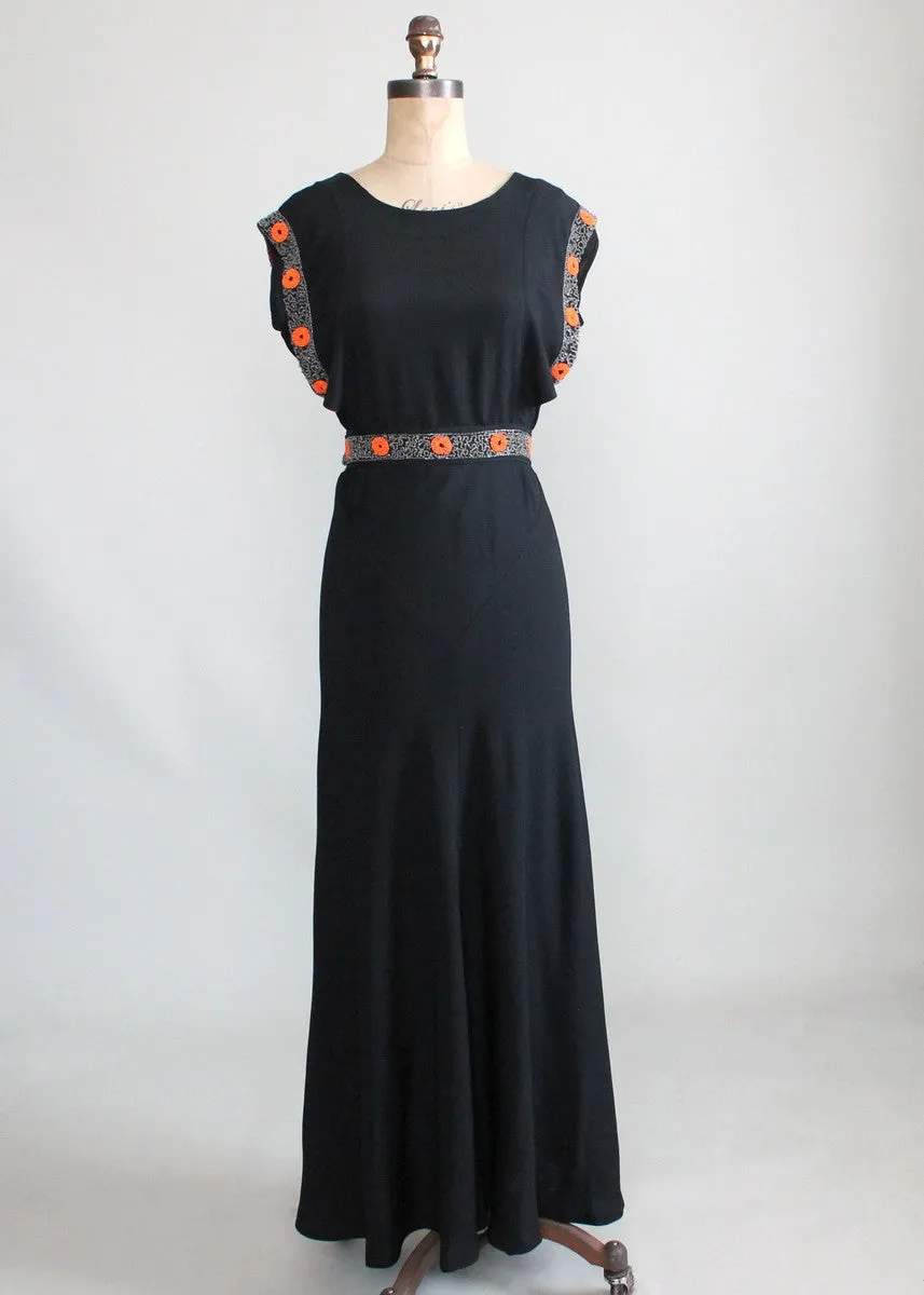 Vintage 1930s Black Crepe Tangerine Beaded Evening Dress