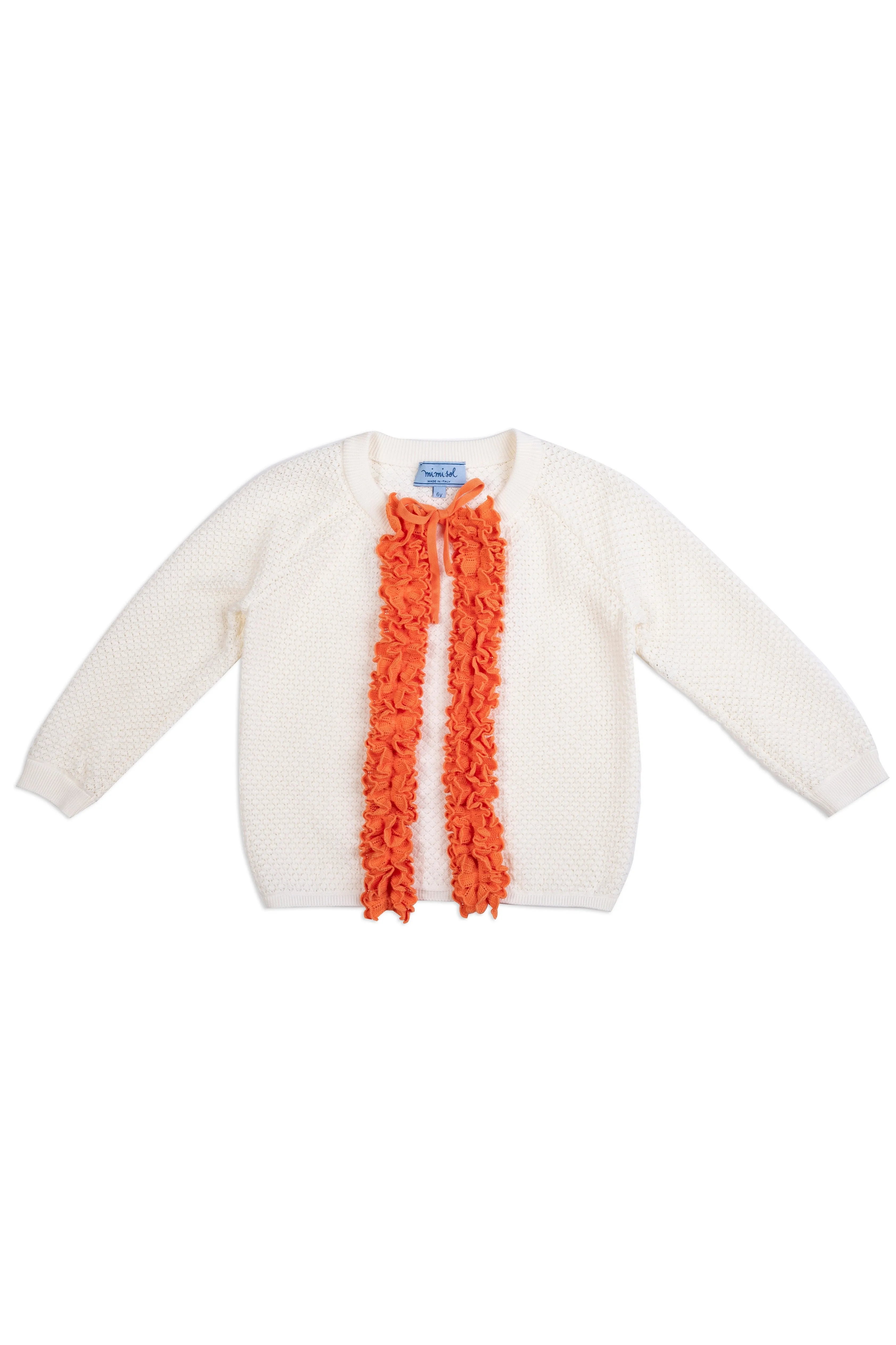 White Cardigan with Orange Ruffle Trim